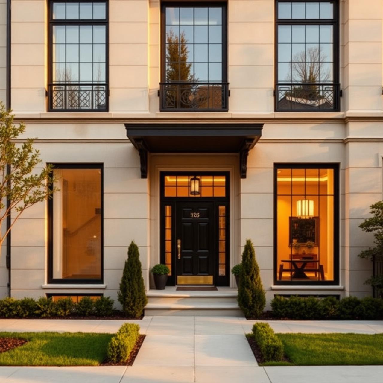 Elegant New York townhouse exterior at golden hour